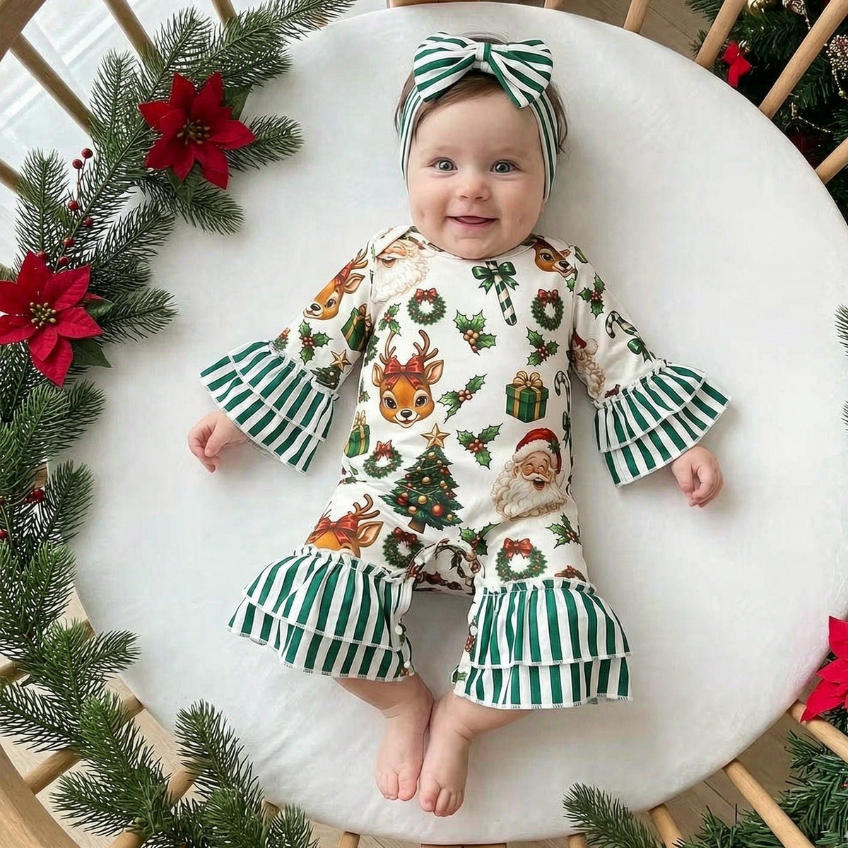 2PCS Baby Girl Holiday Printed Striped Long Sleeve Christmas Jumpsuit