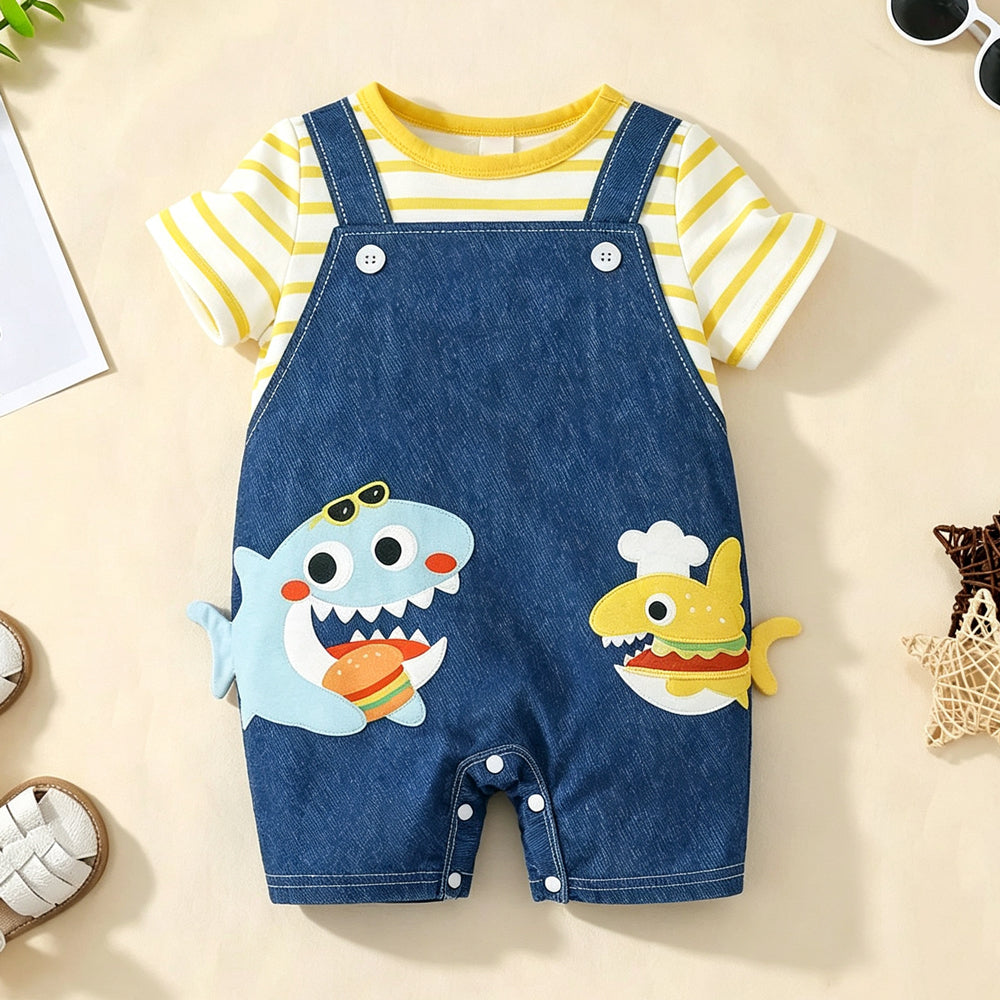 Cute Shark Stripe Print Fake Two Piece Short Sleeve Baby Jumpsuit