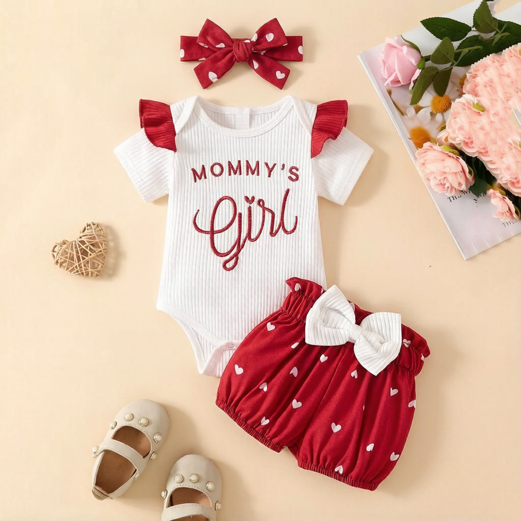 3PCS Summer Mommy's Girl Letter Heart Print Baby Set