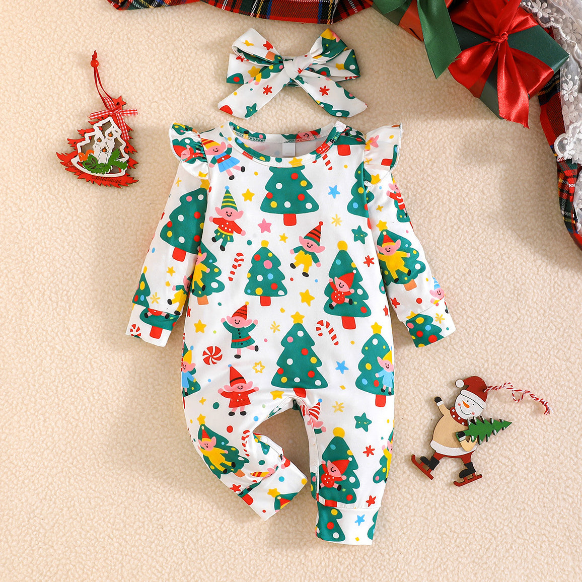 2PCS Sweet Holiday Print Long Sleeve Baby Girl Jumpsuit