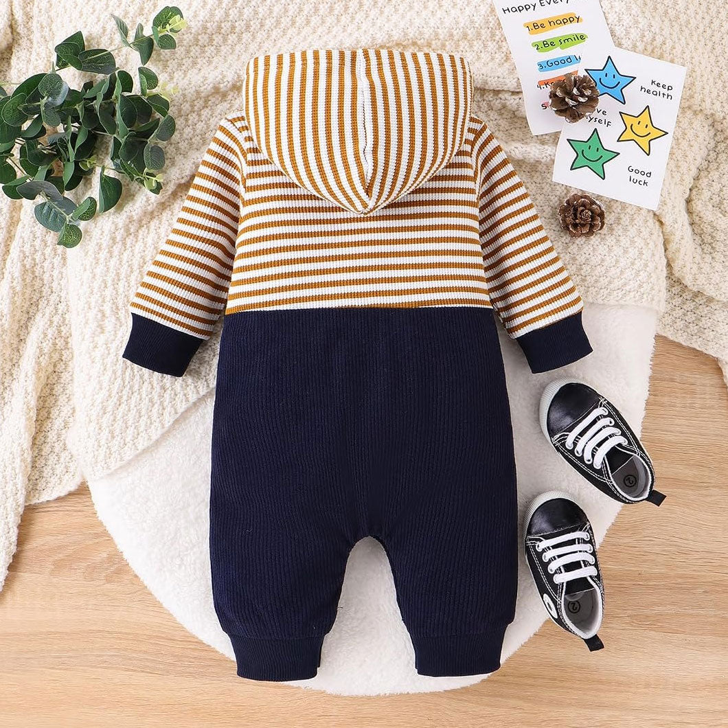 Cute Faux Layered Dog Applique Stripe Print Hooded Baby Jumpsuit