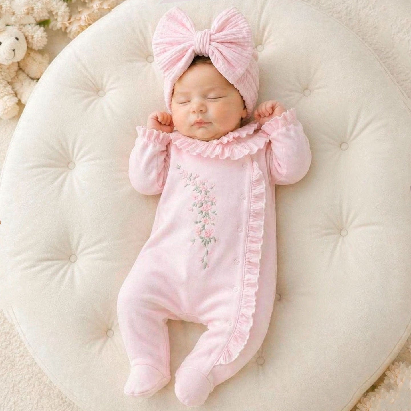 2PCS Pretty Floral Embroidery Long Sleeve Ruffle Baby Jumpsuit