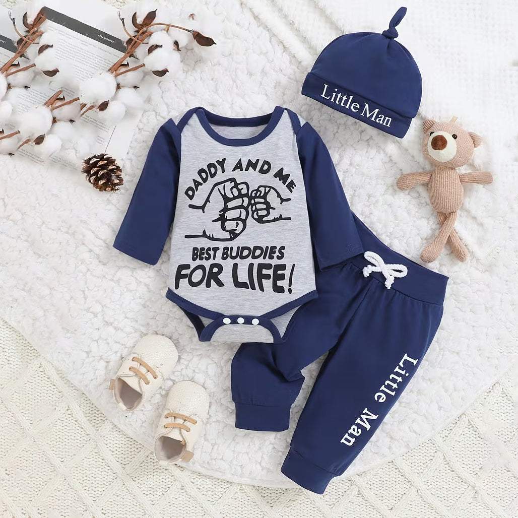 3PCS Daddy and Me Best Buddies for Life Letter Print Baby Set