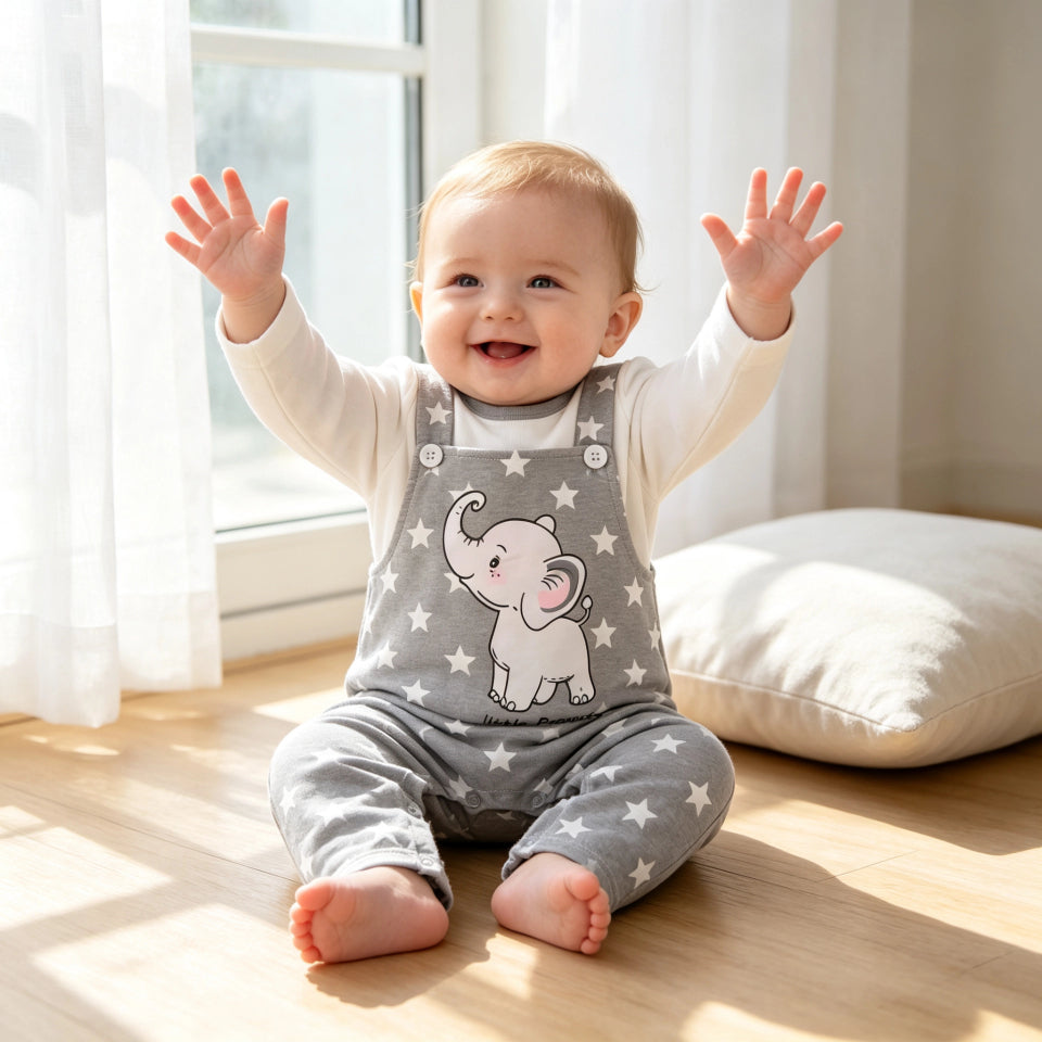 Lovely Letter and Elephant Stars Print Faux Layer Baby Jumpsuit