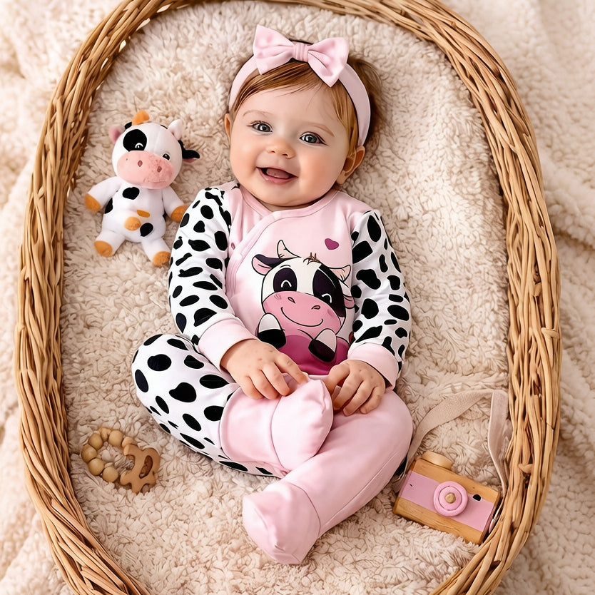2PCS Cute Cow Print Long Sleeve Baby Girl Jumpsuit