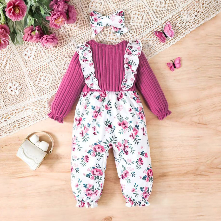 2PCS Delightful Floral Printed Bow Long Sleeve Baby Jumpsuit
