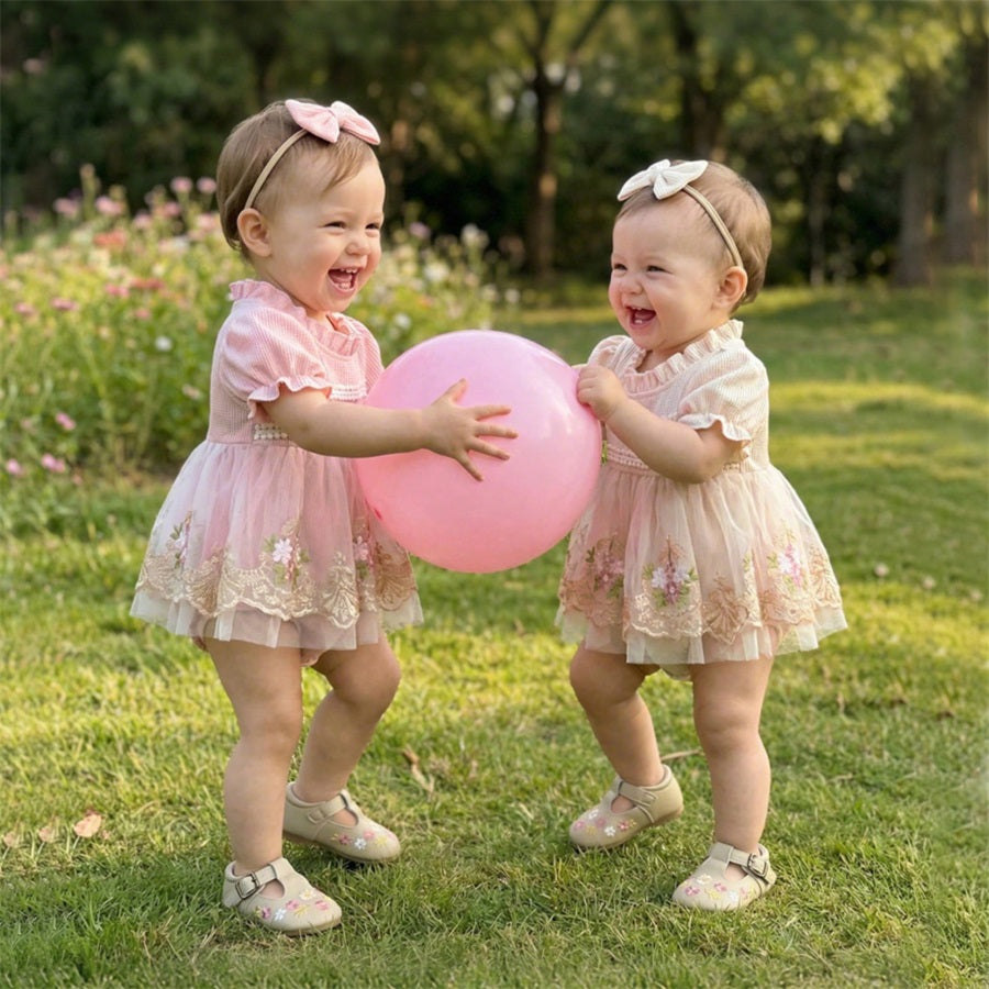 2PCS Summer Floral Embroidery Short Sleeve Lace Tulle Baby Romper