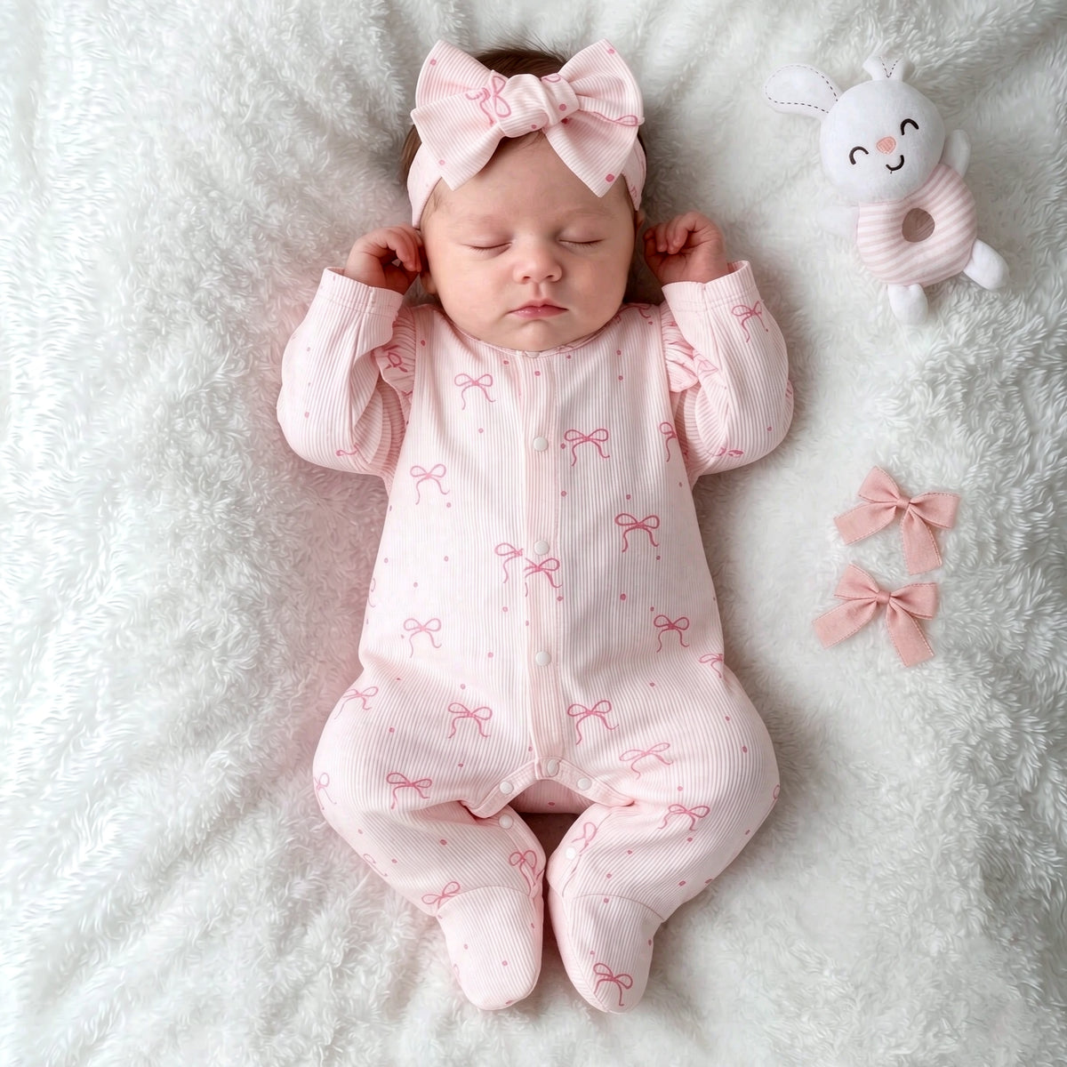 2PCS Dreamy Bow Printed Long Sleeve Baby Jumpsuit