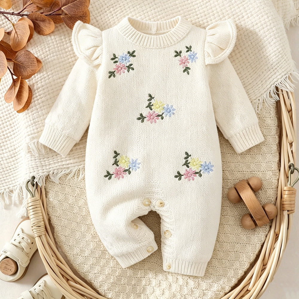 Elegant Floral Embroidery Long Sleeve Knit Baby Girl Jumpsuit