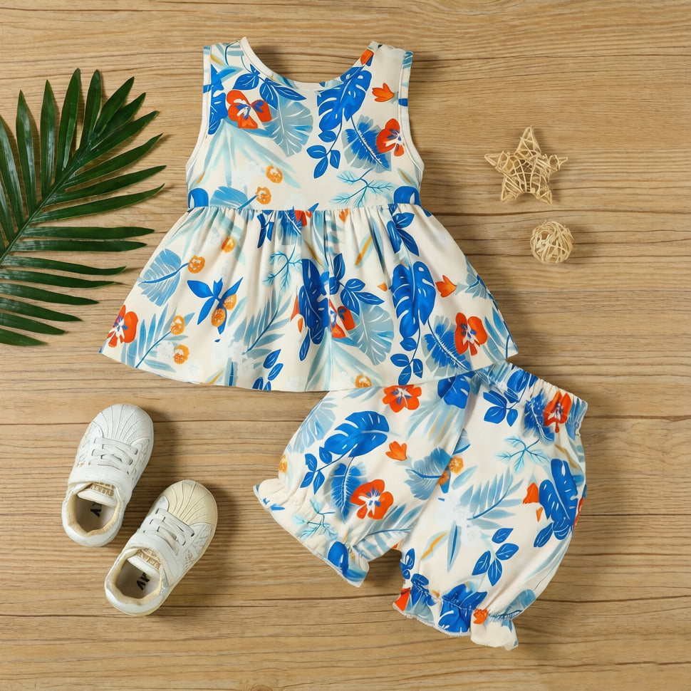 2PCS Cheerful Floral Printed Sleeveless Baby Set