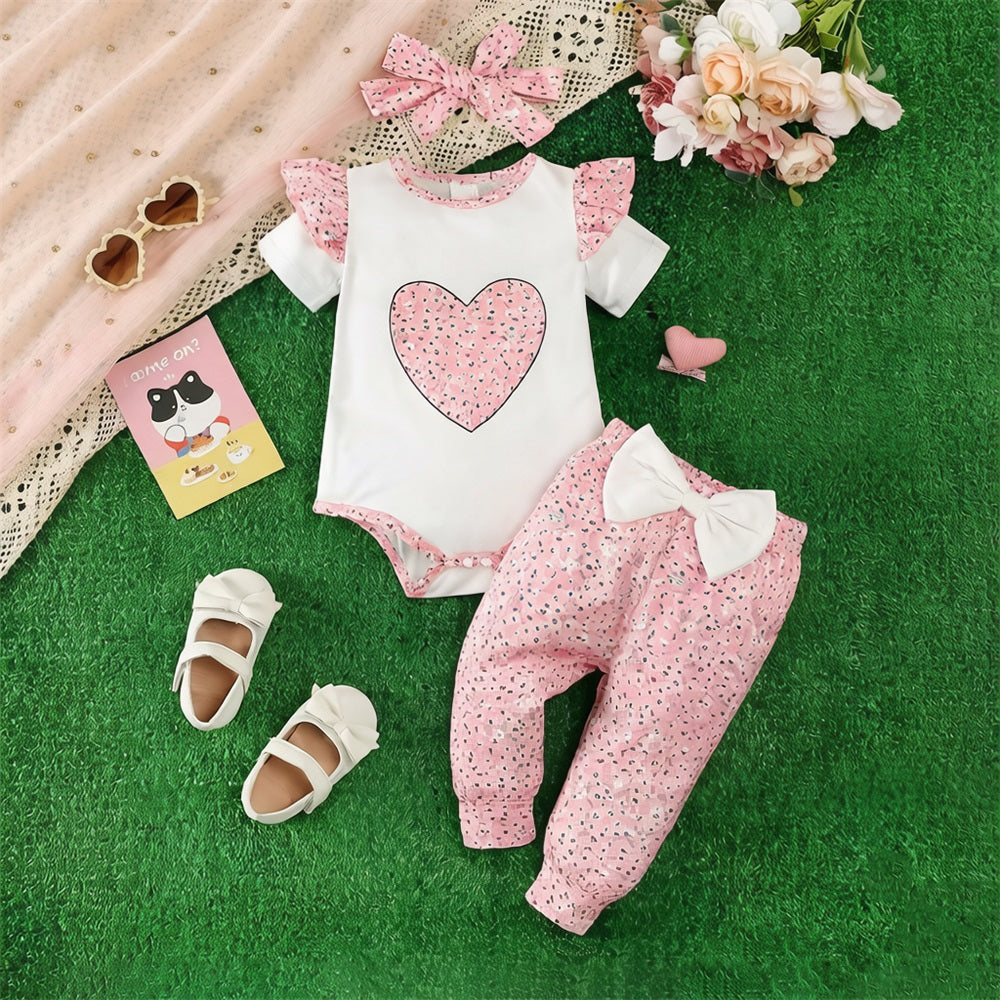 3PCS Fashion Floral Heart Printed Short Sleeve Baby Set