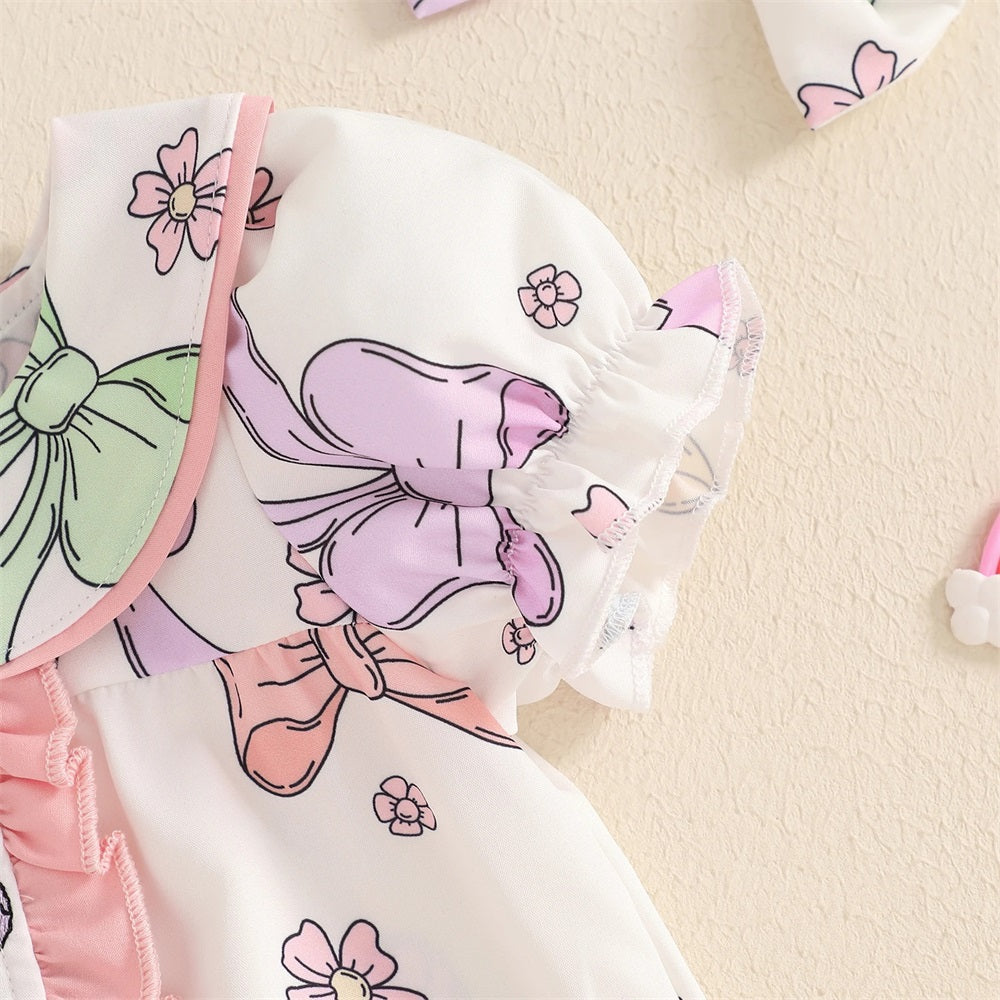 2PCS Cute Bow Printed Frill Trim Short Sleeve Baby Romper