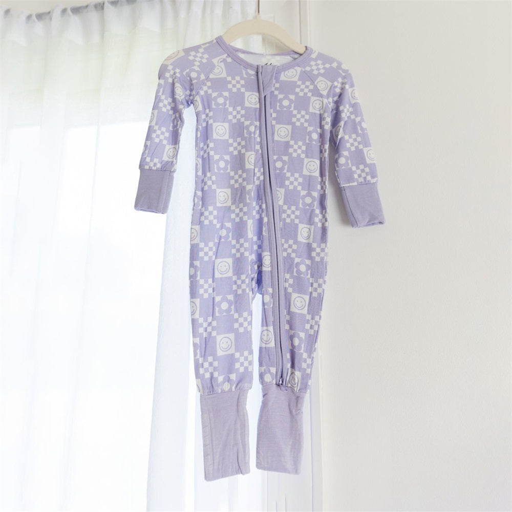 Casual Floral Plaid Print Long Sleeve Zipper Baby Jumpsuit