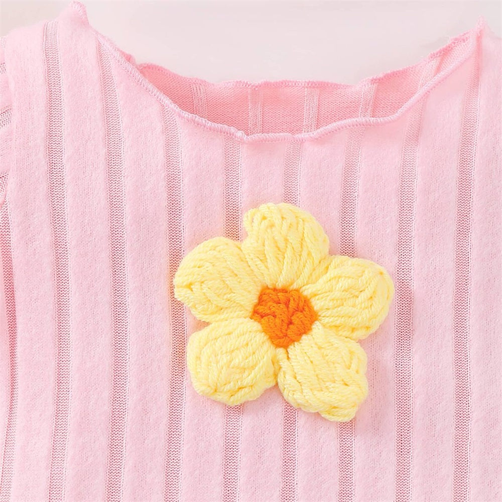 4PCS Floral Embroidery Rib Short Sleeve Baby Set