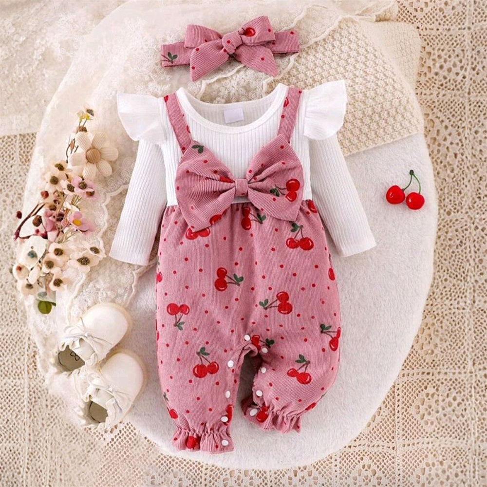 2PCS Cute Cherry Print Bow Long Sleeve Baby Jumpsuit