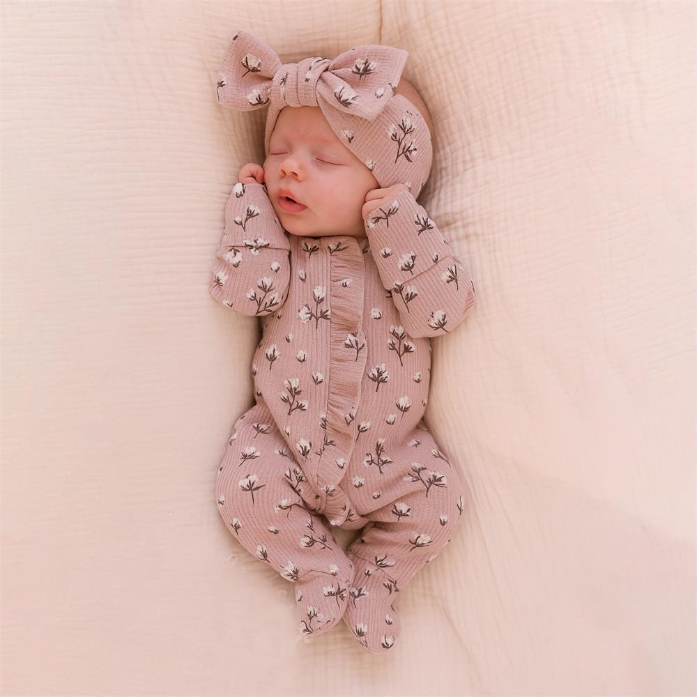 2PCS Comfy Floral Print Ruffle Long Sleeve Baby Jumpsuit