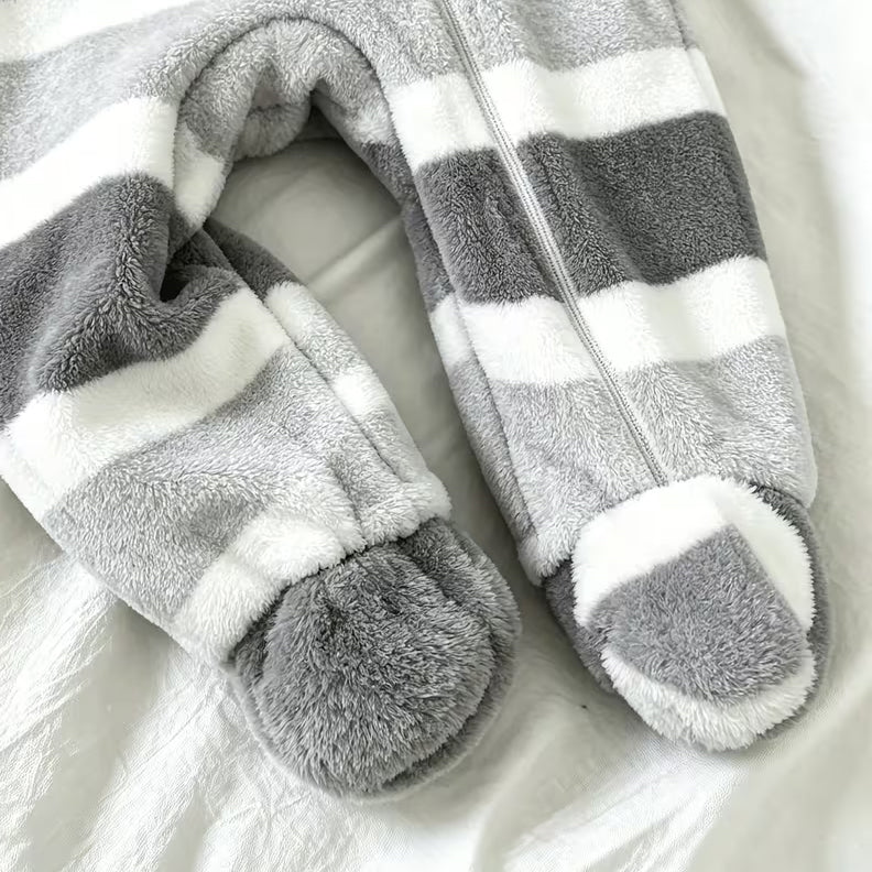 Casual Bear Applique Striped Long Sleeve Baby Zipper Hooded Fleece Jumpsuit
