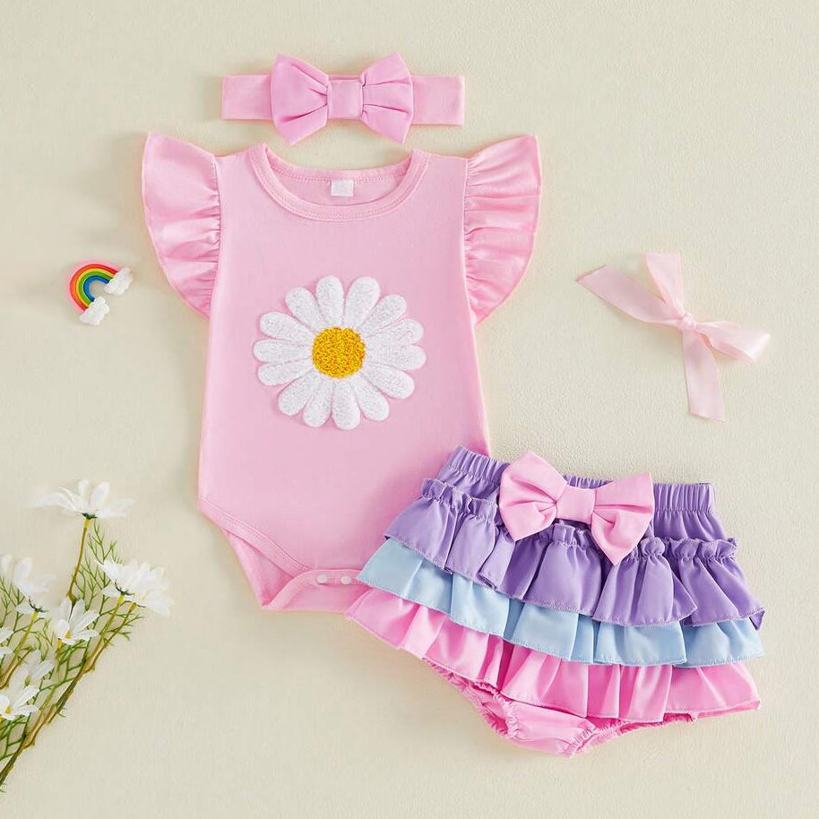 3PCS Sweet Daisy Appliqué Flutter Sleeve Baby Girl Set