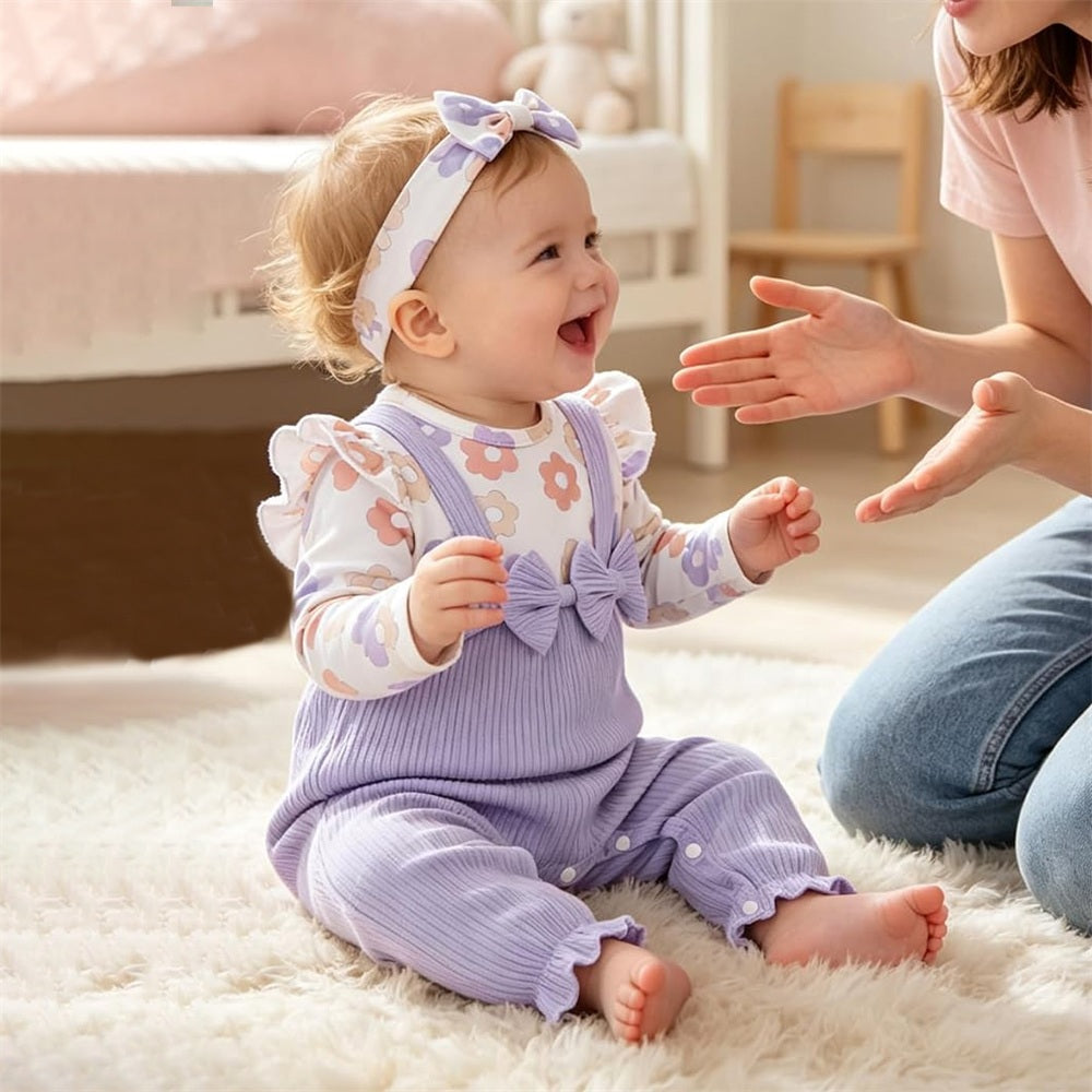 2PCS Elegant Floral Printed Long Sleeve Bow Baby Jumpsuit