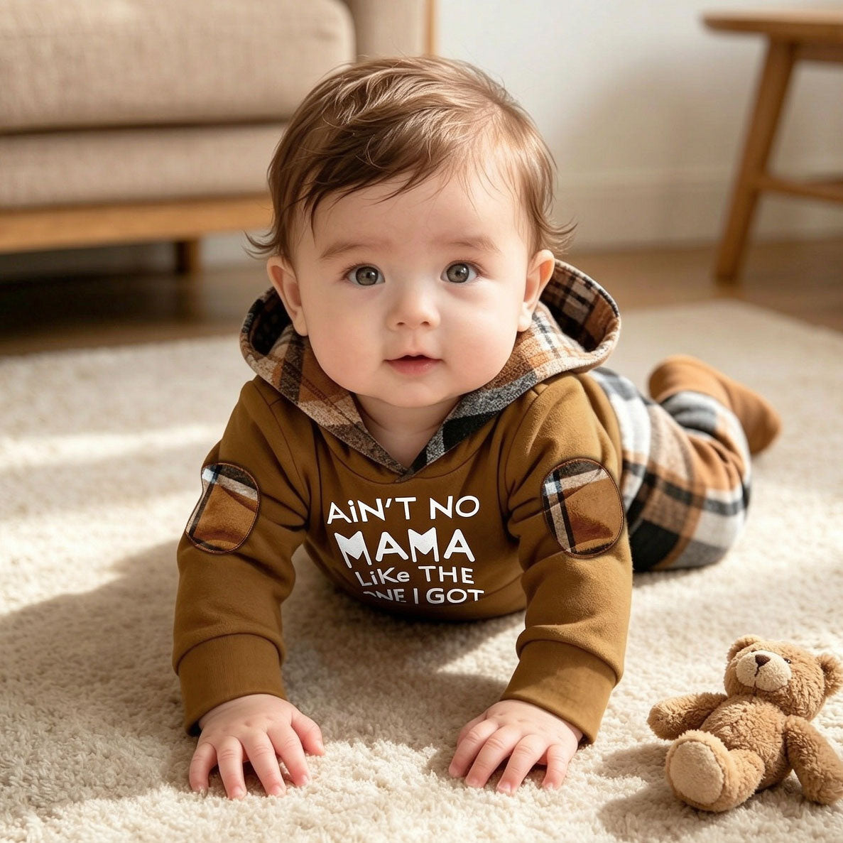 2PCS Ain't No Mama Letter Plaid Print Hoodie Long Sleeve Baby Set