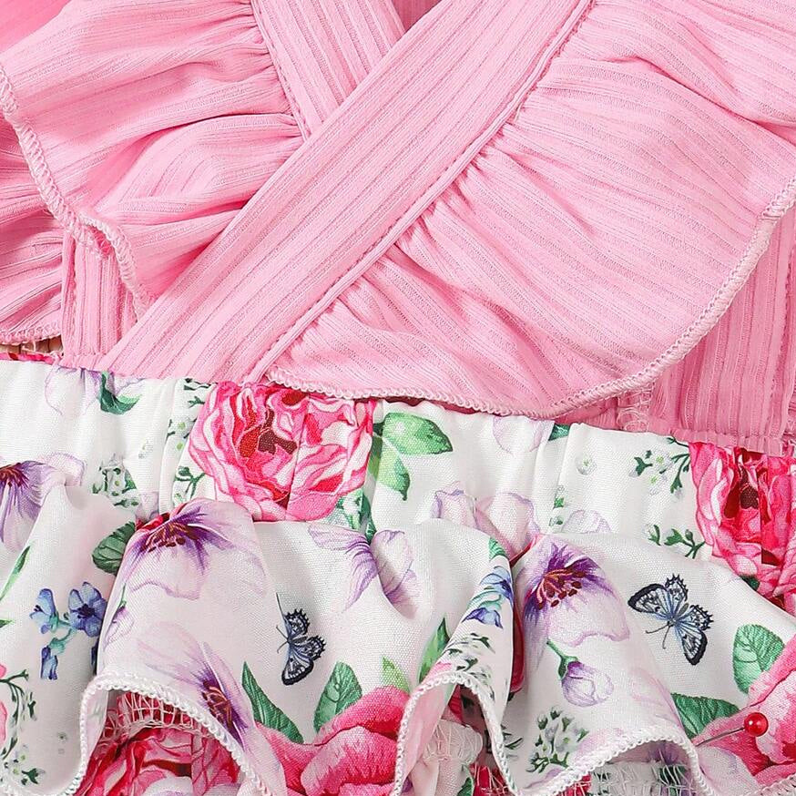 2PCS Playful Floral Print Bowknot Flutter Sleeve Baby Romper