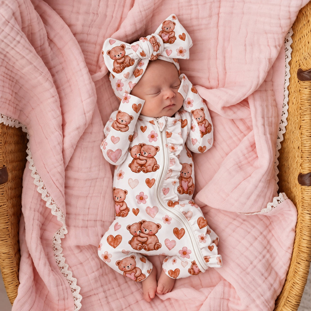 2PCS Sweet Teddy Bear Heart Floral Print Long Sleeve Zipper Baby Jumpsuit