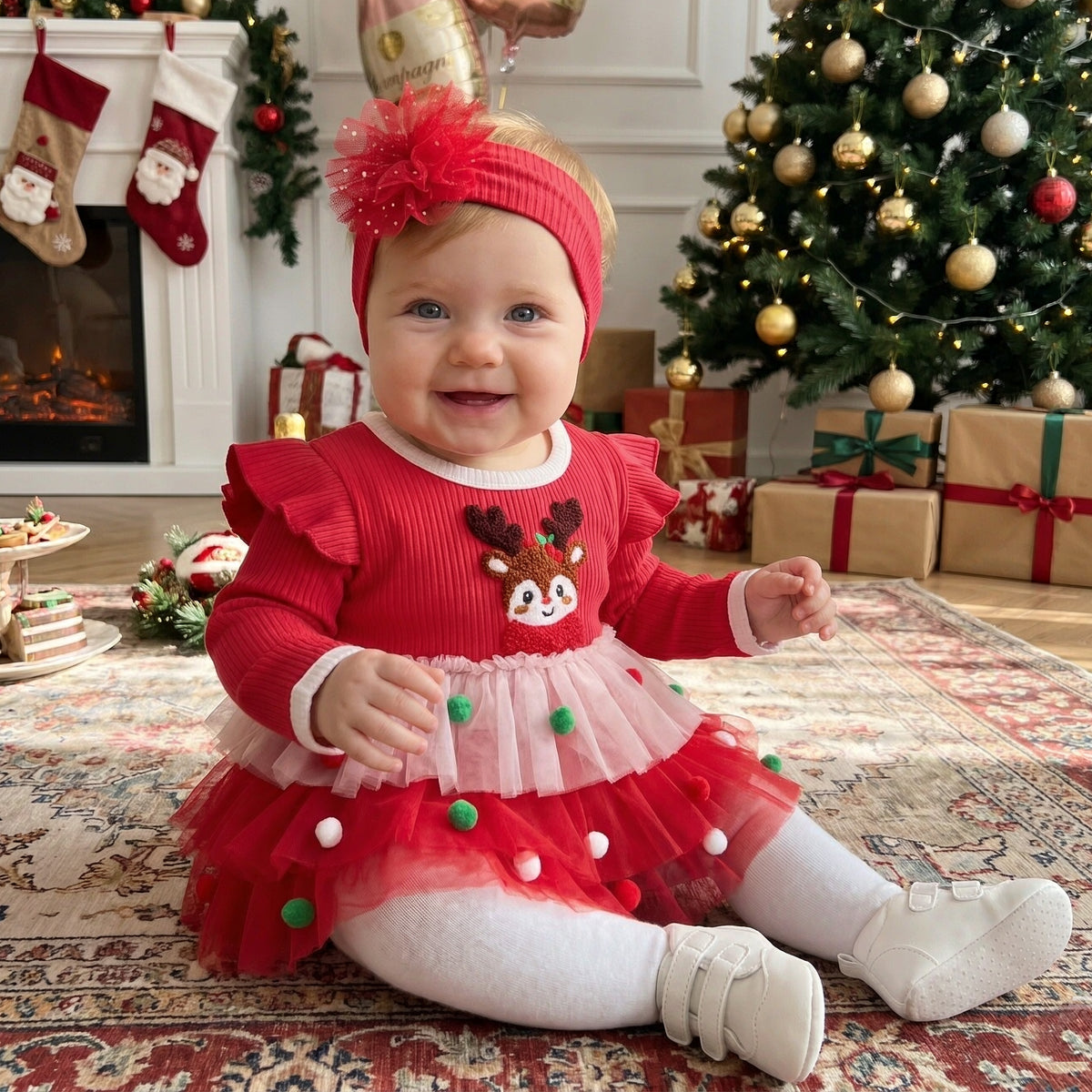 2PCS Baby Girl Reindeer Applique Long Sleeve Christmas Tulle Romper