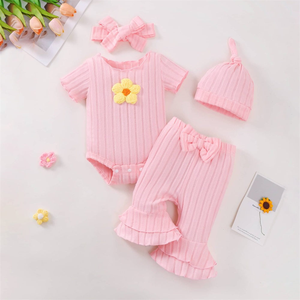 4PCS Floral Embroidery Rib Short Sleeve Baby Set