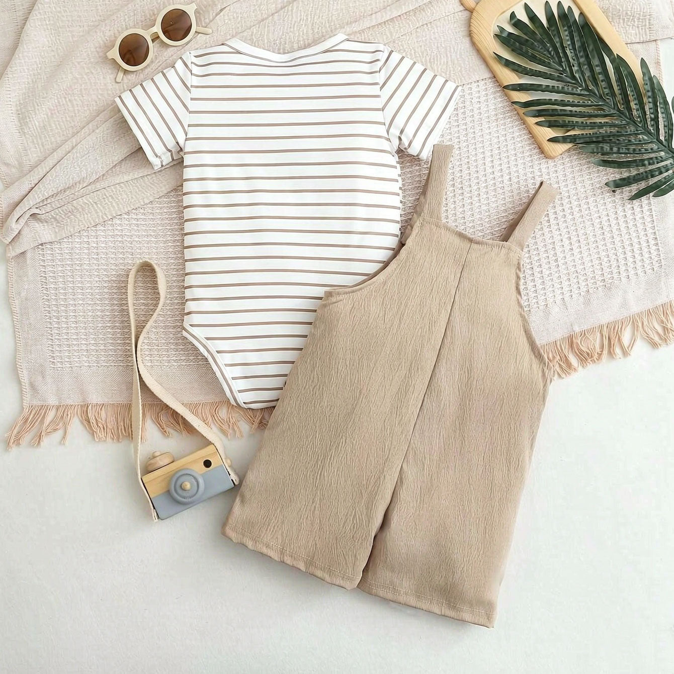 2PCS Cartoon Fox Stripe Printed Overalls Short Sleeve Baby Set