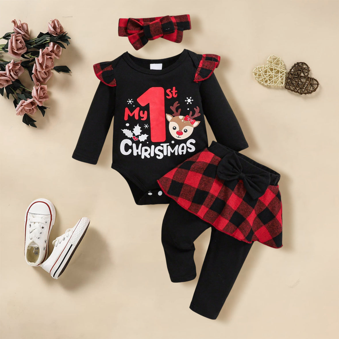 3PCS My 1st Christmas Letter Plaid Elk Print Baby Set