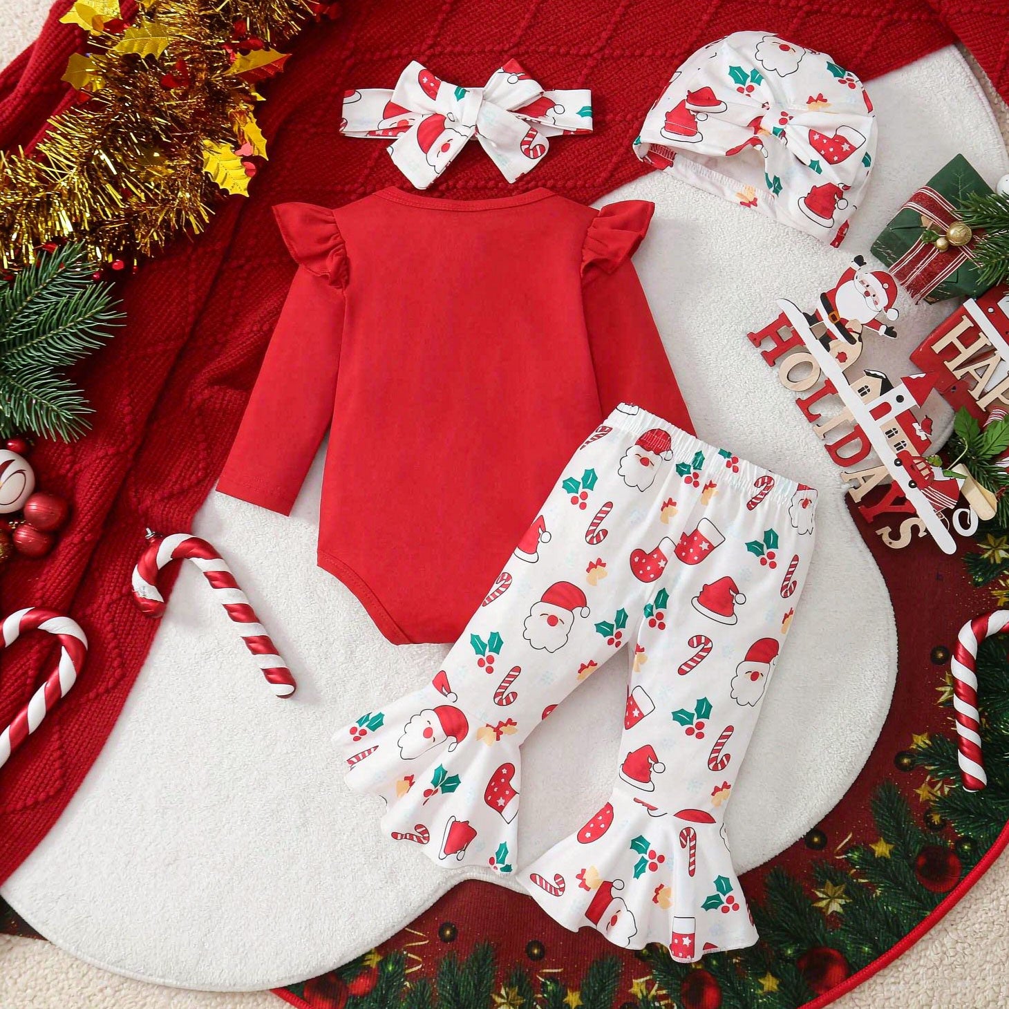 4PCS My 1st Christmas Letter Santa Claus Print Long Sleeve Baby Girl Set