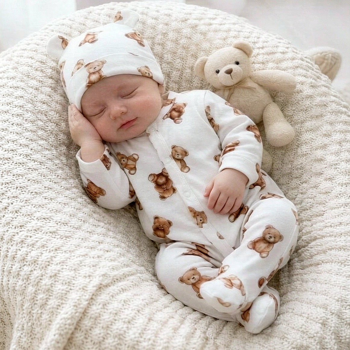 2PCS Casual Teddy Bear Print Long Sleeve Baby Jumpsuit