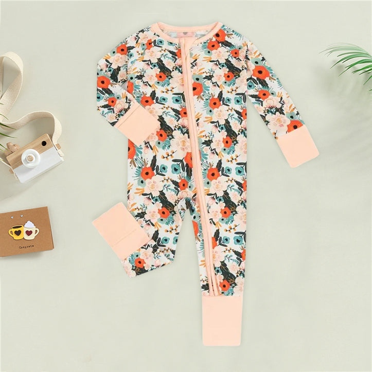 Elephant Floral Printed Zipper Bamboo Viscose Baby Jumpsuit