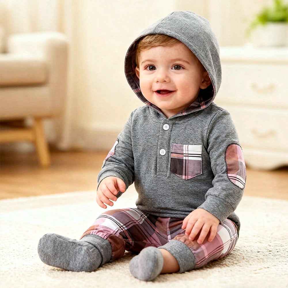 2PCS Plaid Print Long Sleeve Hoodie Baby Set