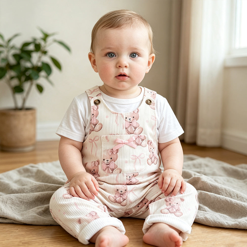 2PCS Lovely Teddy Bear Bow Print Short Sleeve Baby Overalls Set