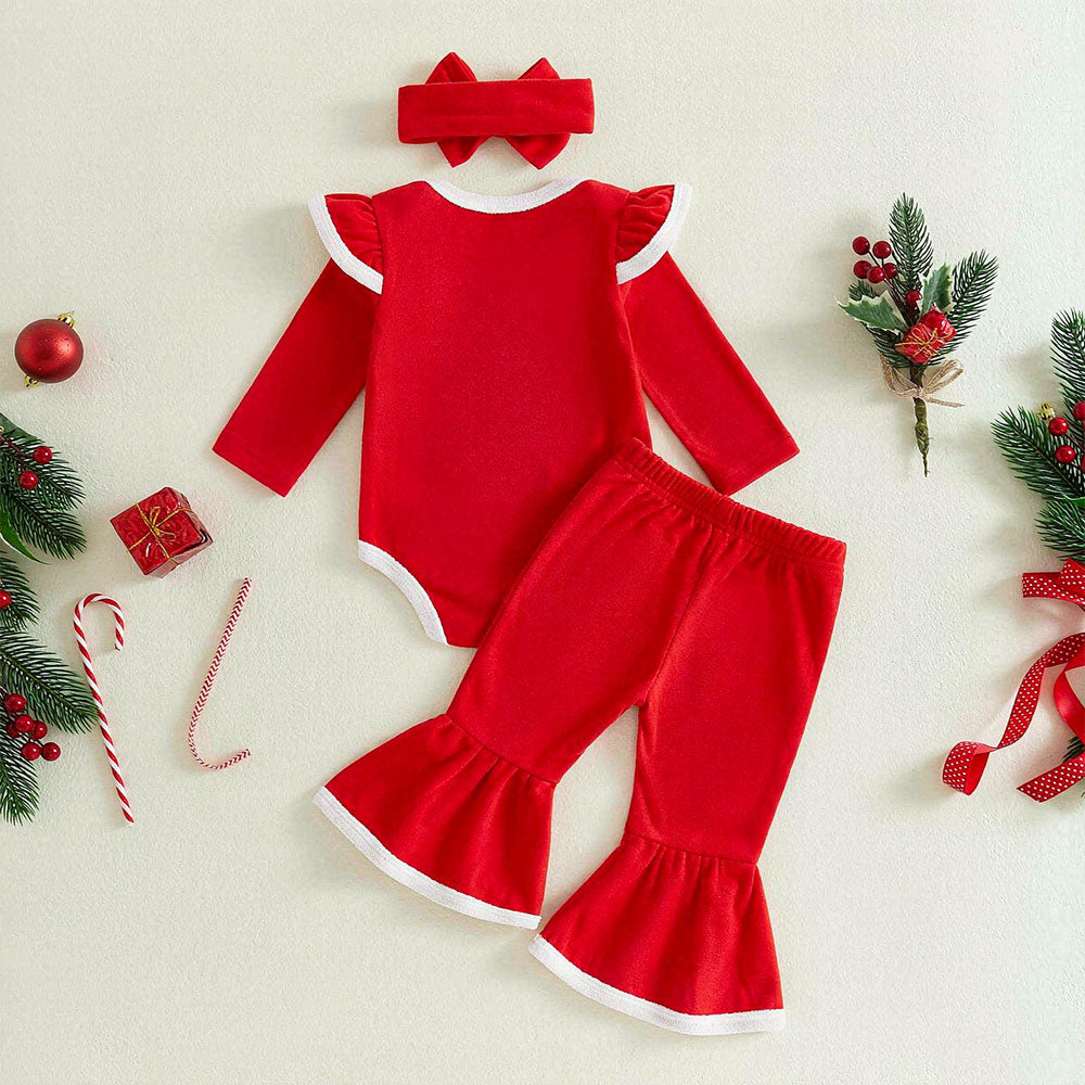 3PCS My First Christmas Letter Print Santa Claus Appliqué Baby Girl Set
