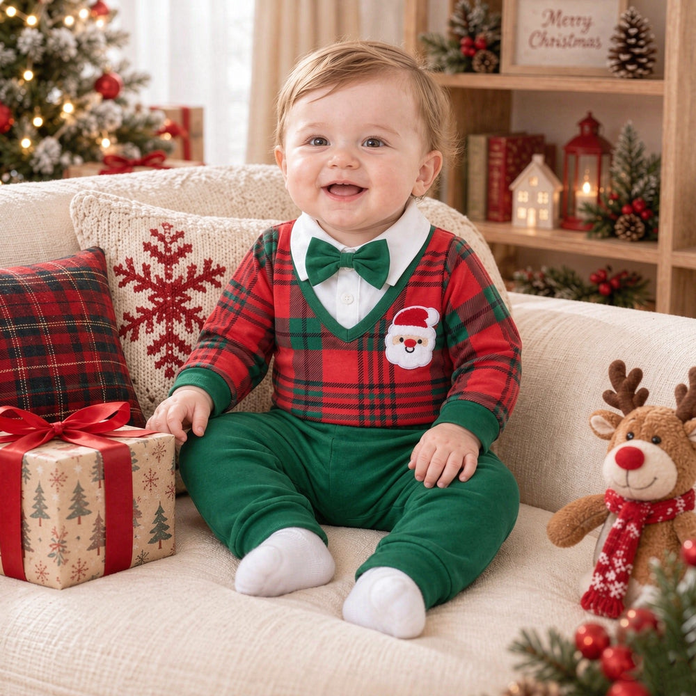 2PCS Dapper Santa Applique Plaid Print Long Sleeve Baby Boy Set