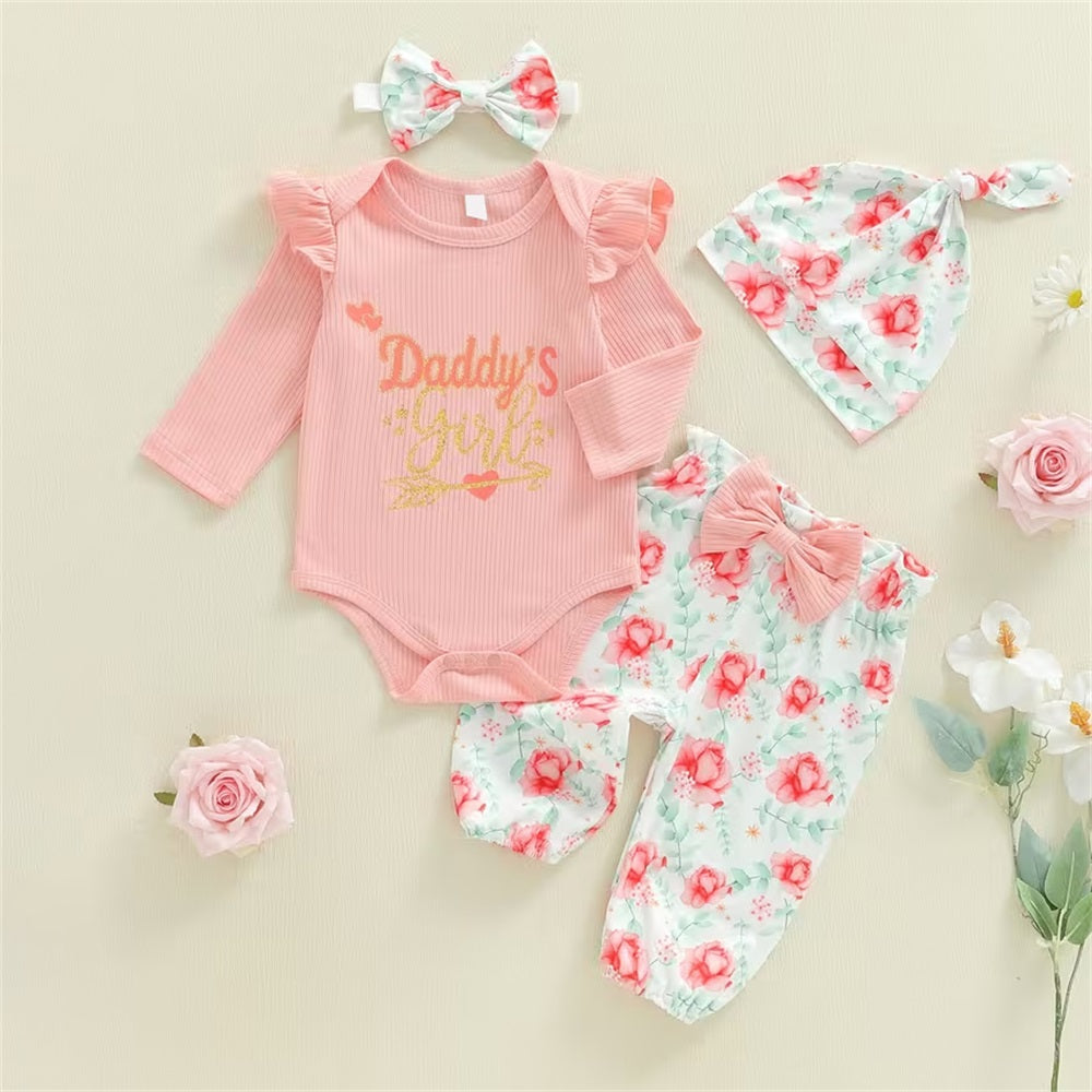 4PCS Daddy's Girl Letter Floral Printed Long Sleeve Baby Set