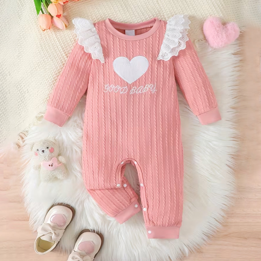 Good Baby Letter Heart Print Lace Ruffle Baby Jumpsuit