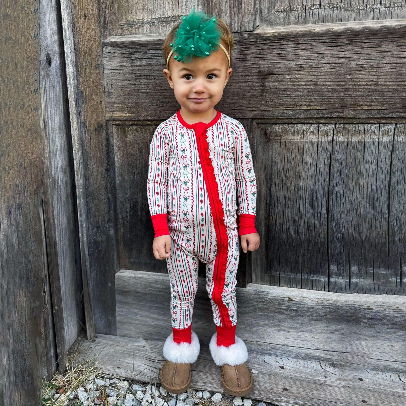 Christmas Tree Branches Bow Printed Ruffles Zipper Baby Jumpsuit
