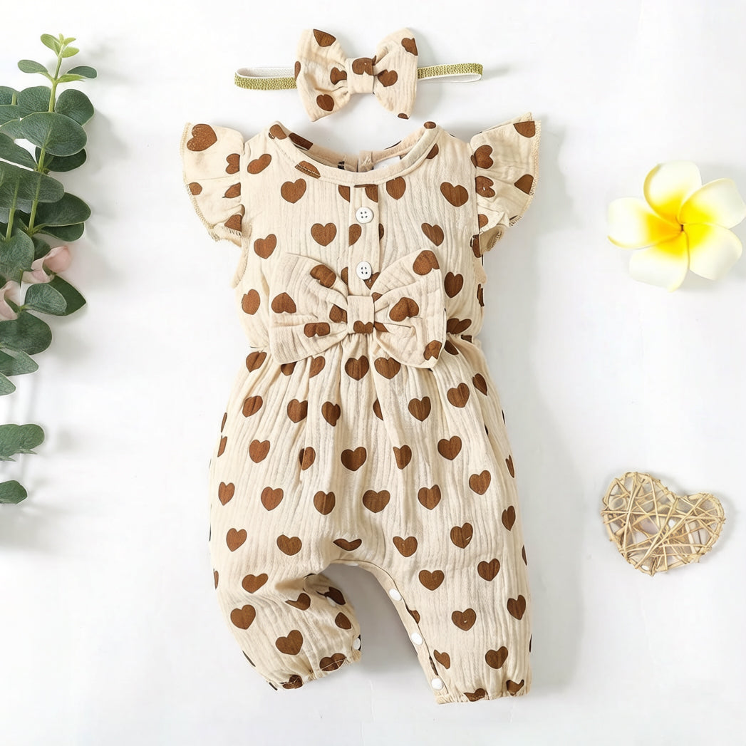 2PCS Grace Heart Print Bowknot Flounce Sleeve Baby Jumpsuit