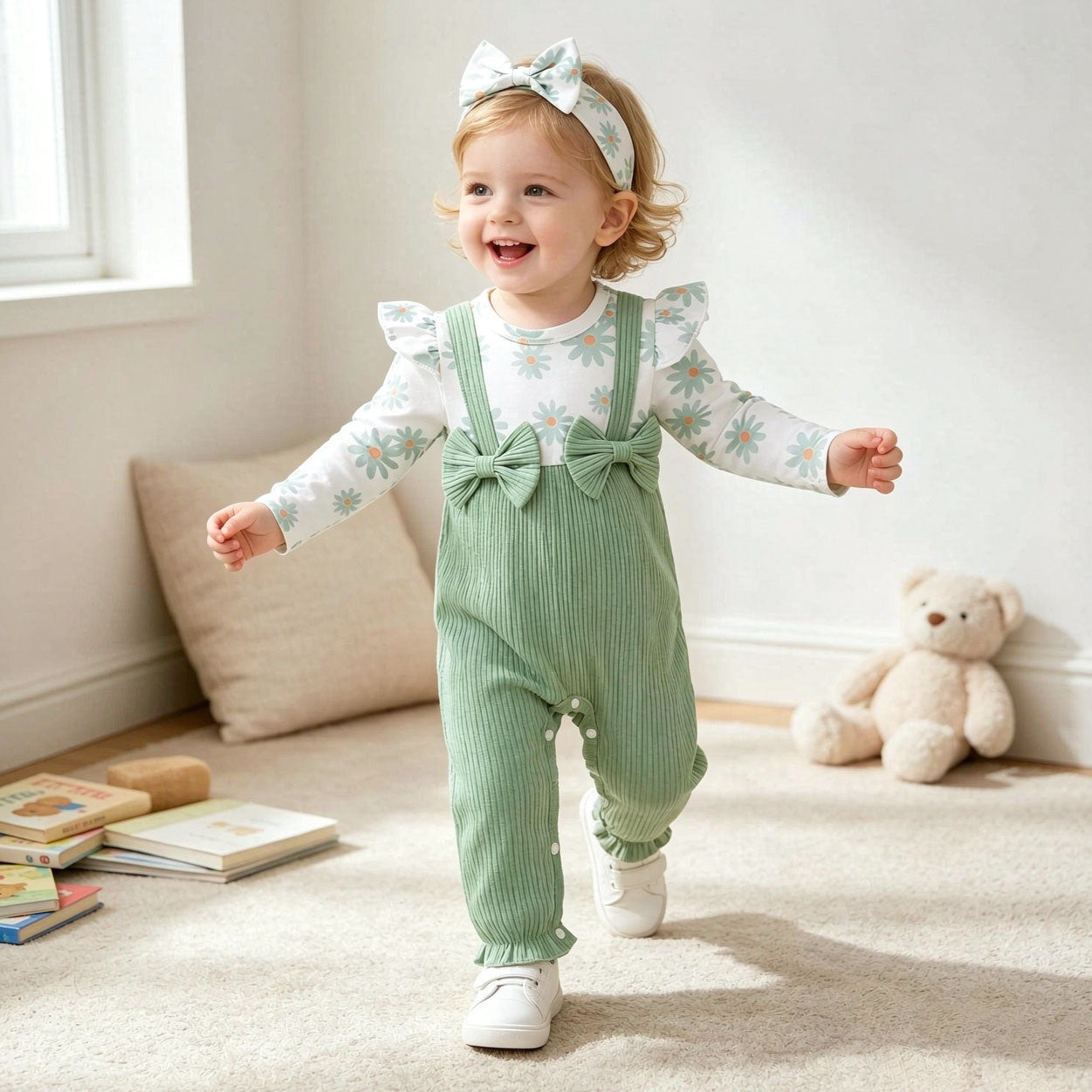 2PCS Fresh Daisy Print Long Sleeve Baby Girl Jumpsuit