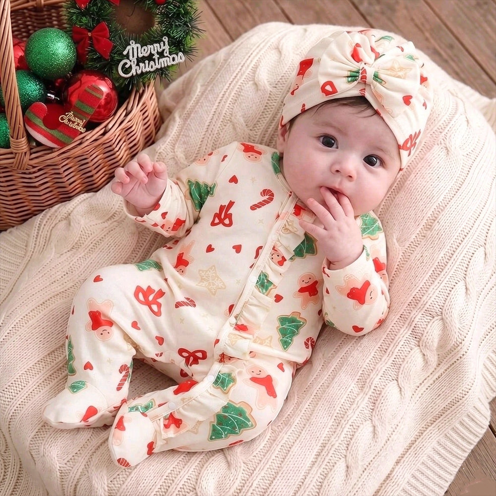 2PCS Gingerbread Man Bow Print Long Sleeve Christmas Baby Girl Jumpsuit
