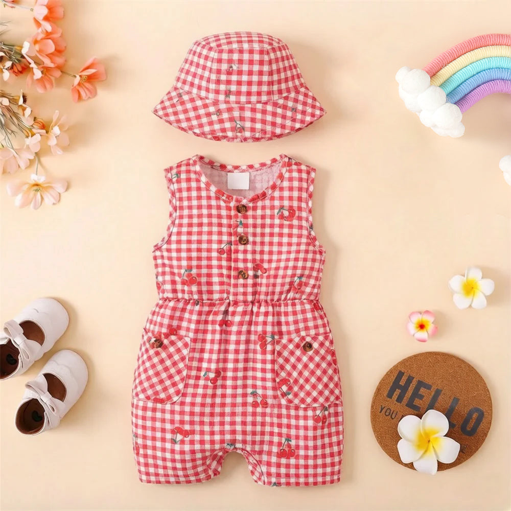 2PCS Cherry Printed Plaid Sleeveless Baby Jumpsuit