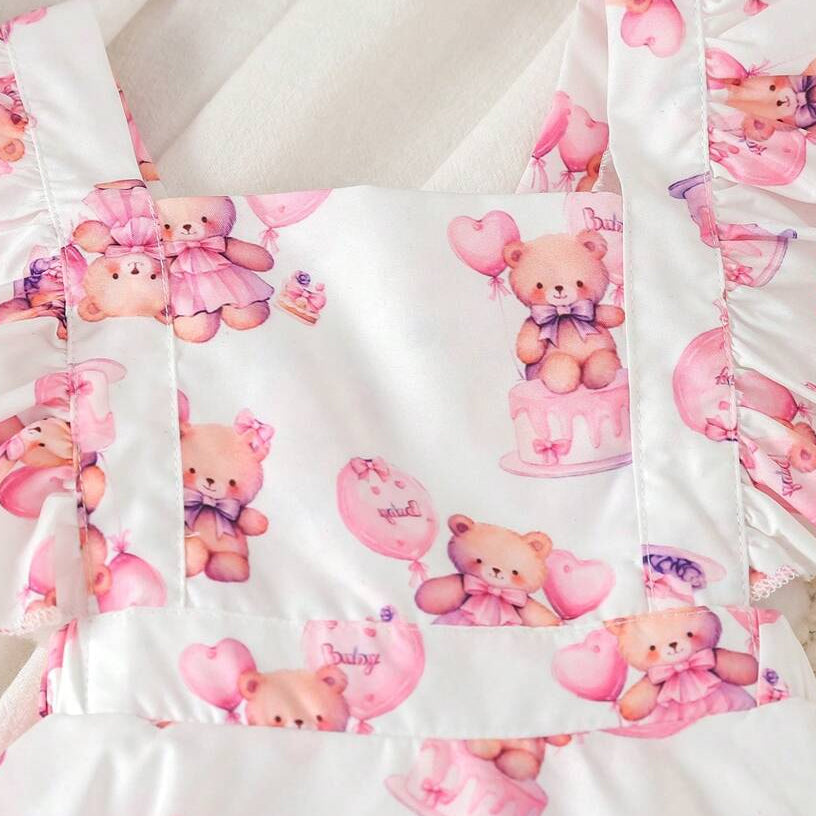 2PCS Lovely Bear Printed Ruffle Trim Baby Romper