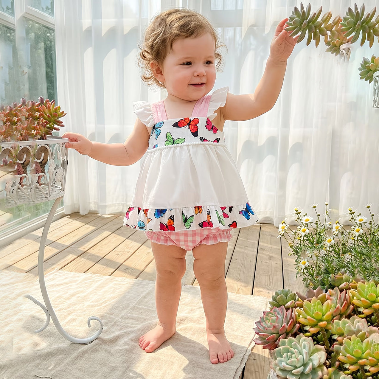 2PCS Butterfly Plaid Printed Fly Sleeve Baby Set