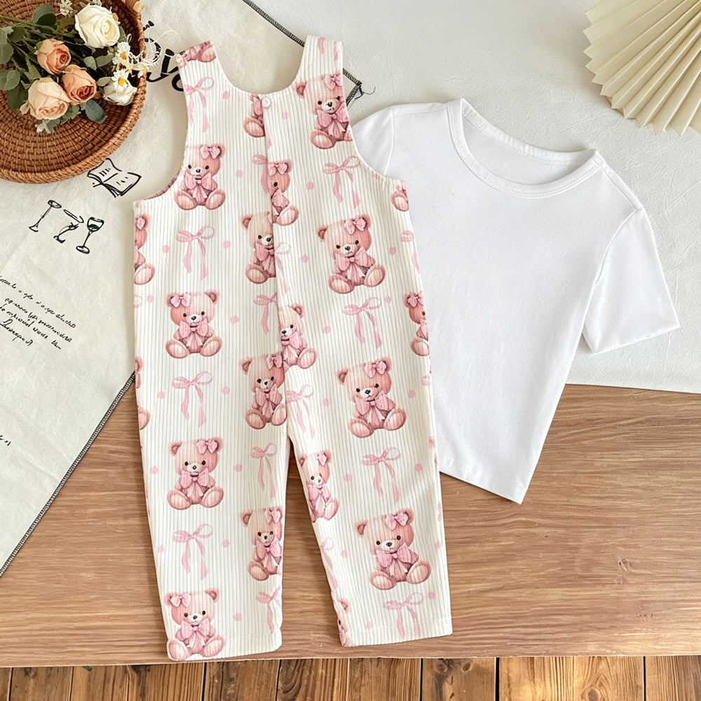 2PCS Lovely Teddy Bear Bow Print Short Sleeve Baby Overalls Set