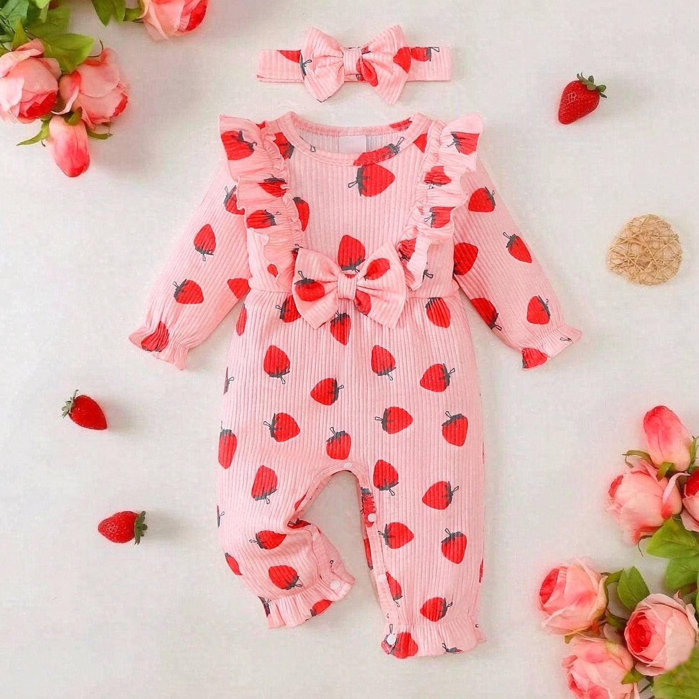 2PCS Bubbly Strawberry Print Long Sleeve Baby Girl Jumpsuit