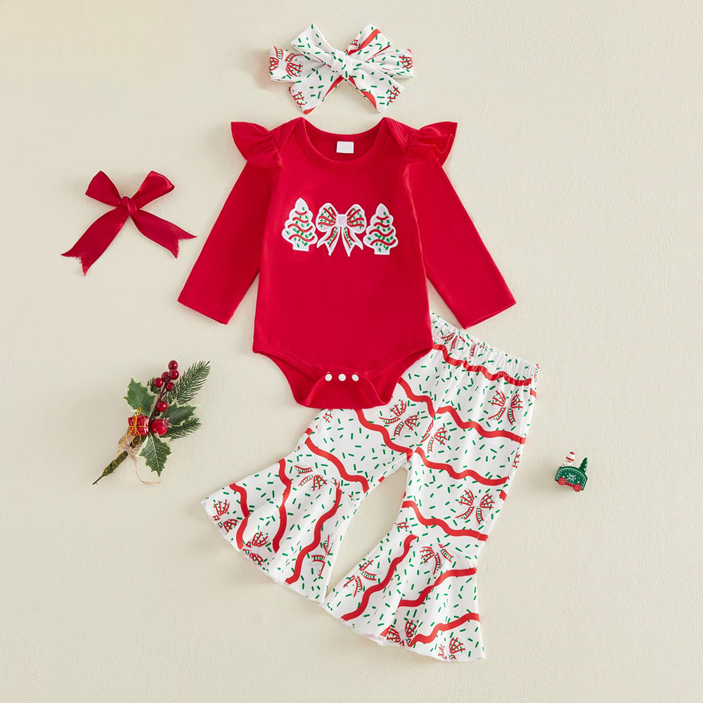 3PCS Sweet Tree Bow Embroidered Long Sleeve Baby Girl Christmas Set