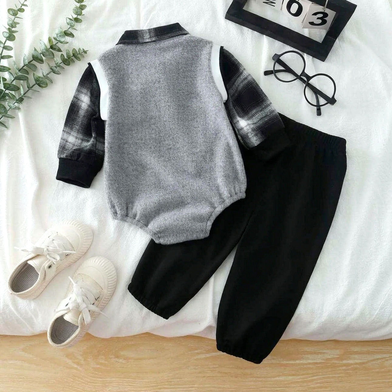 2PCS Little Boy Letter Plaid Printed Long Sleeve Baby Boy Set